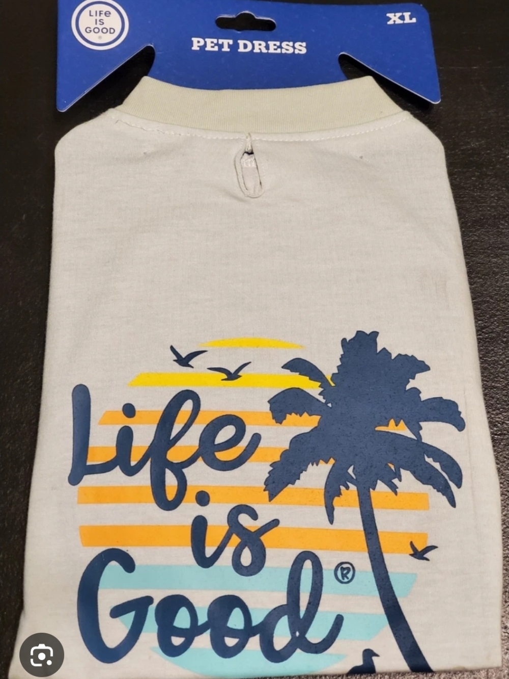 Life Is Good White Pet Dress with Blue Palm Tree and Yellow Stripe Graphic